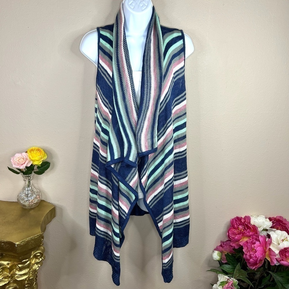 M NWT Rue21 Striped Sleeveless Shrug Sweater Stretch Medium Mint Blue Pink